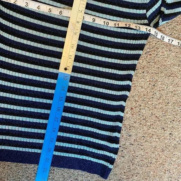 NWT Zara Knit Blue Striped Metallic Short Sleeves Sweater Women Size M Stretch - Picture 2 of 5